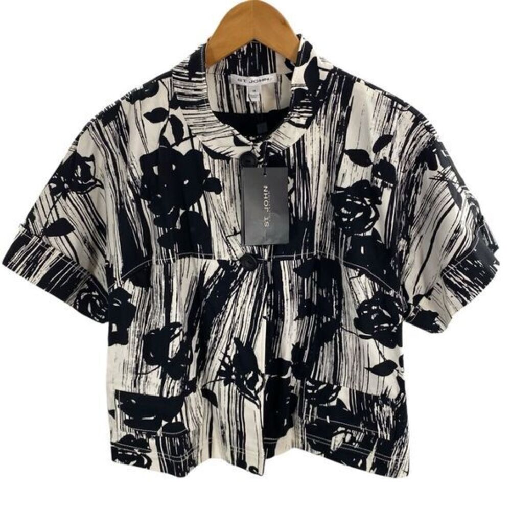 St. John 14 Short Sleeve Summer Shirt Jacket Black White Abstract‎ Floral Artsy